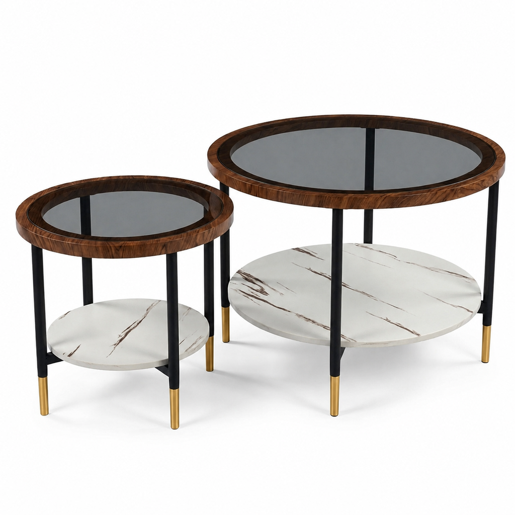 SET DE 2 MESAS DE CENTRO MADERA Y VIDRIO REF:HM1999/YM125 - G:70X70X54CM P:44X44X43CM