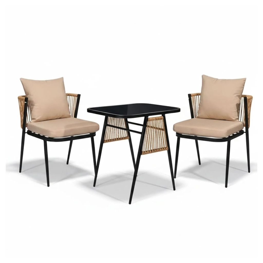 MESA METALICA C/SILLAS RATTAN P/EXTERIOR X3PZ. REF:WR-S2504 56X53X70CM 70X59X74CM