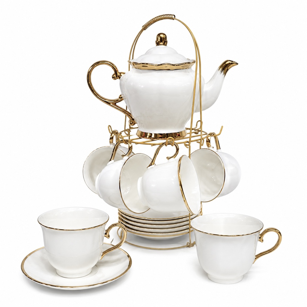 Juego de tazas con plato y tetera filo dorado de porcelana, inc. soporte de hierro, 13pzs