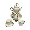 SET DE TAZAS CON PLATO PORCELANA EN PEDESTAL DE HIERRO 13PZS.
