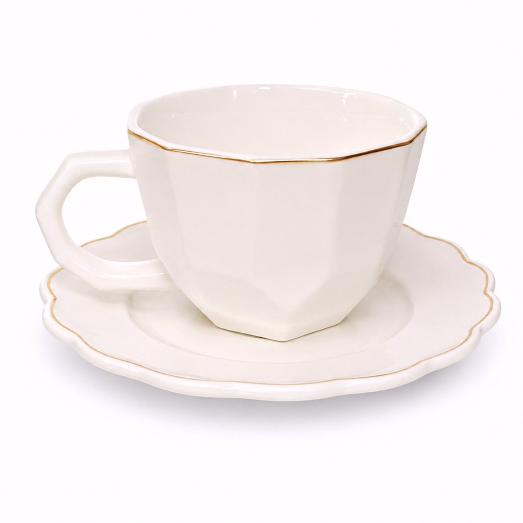 Set de 6 tazas con plato diseño geométrico filo dorado, 12pzs, 200ML