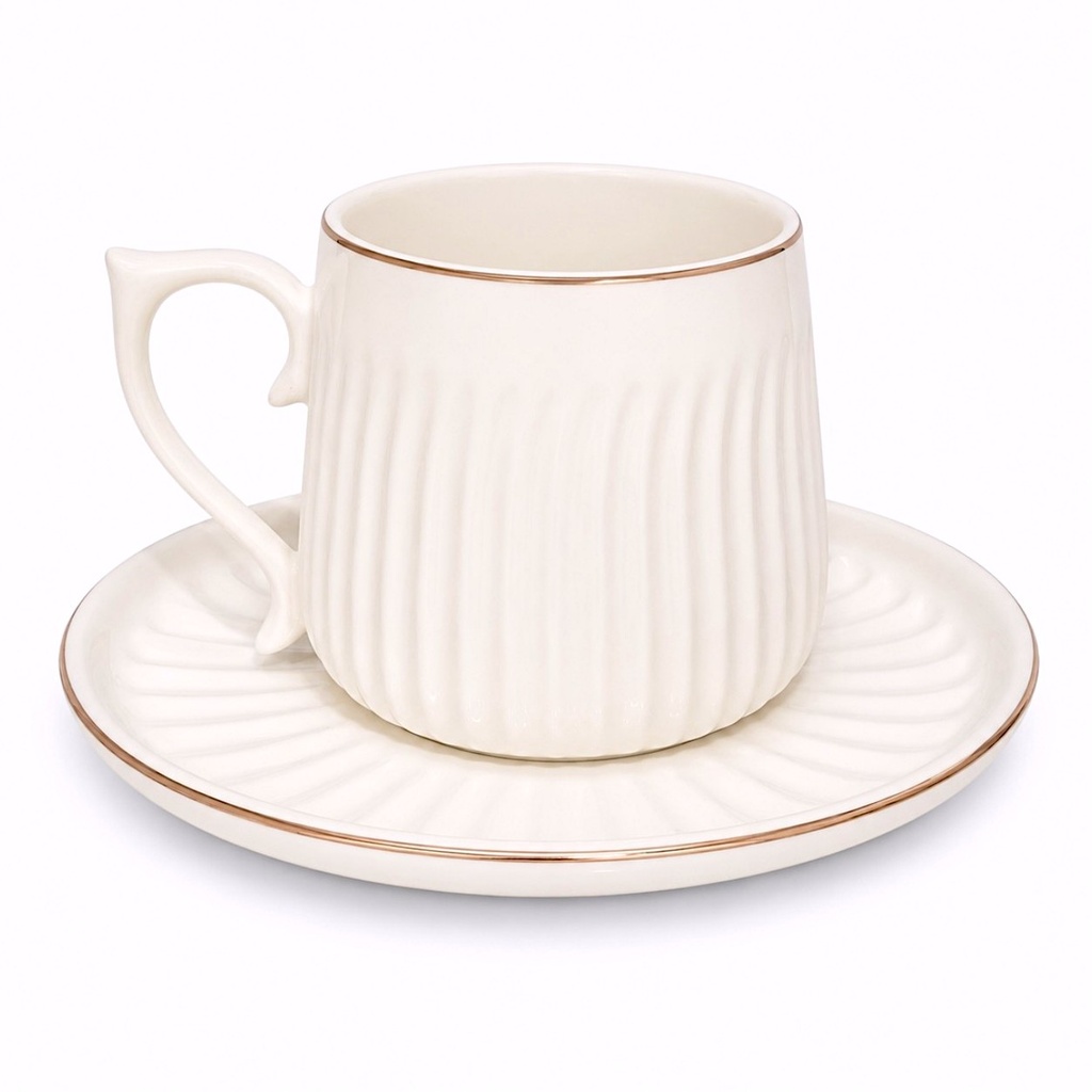 Set de 6 tazas con plato filo dorado de porcelana, 12pzs 200ML 