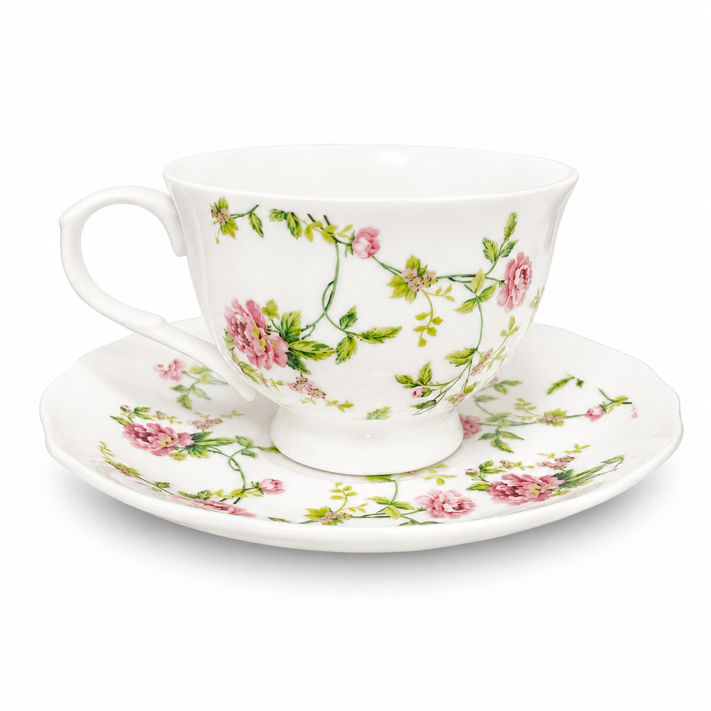Set de 6 tazas florales con plato porcelana, 12 pzs 250ML