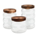 FRASCOS DE VIDRIO ONDULADO TAPA DE MADERA SETX3 9.5X9CM, 9.5X15.5CM, 9.5X16CM 