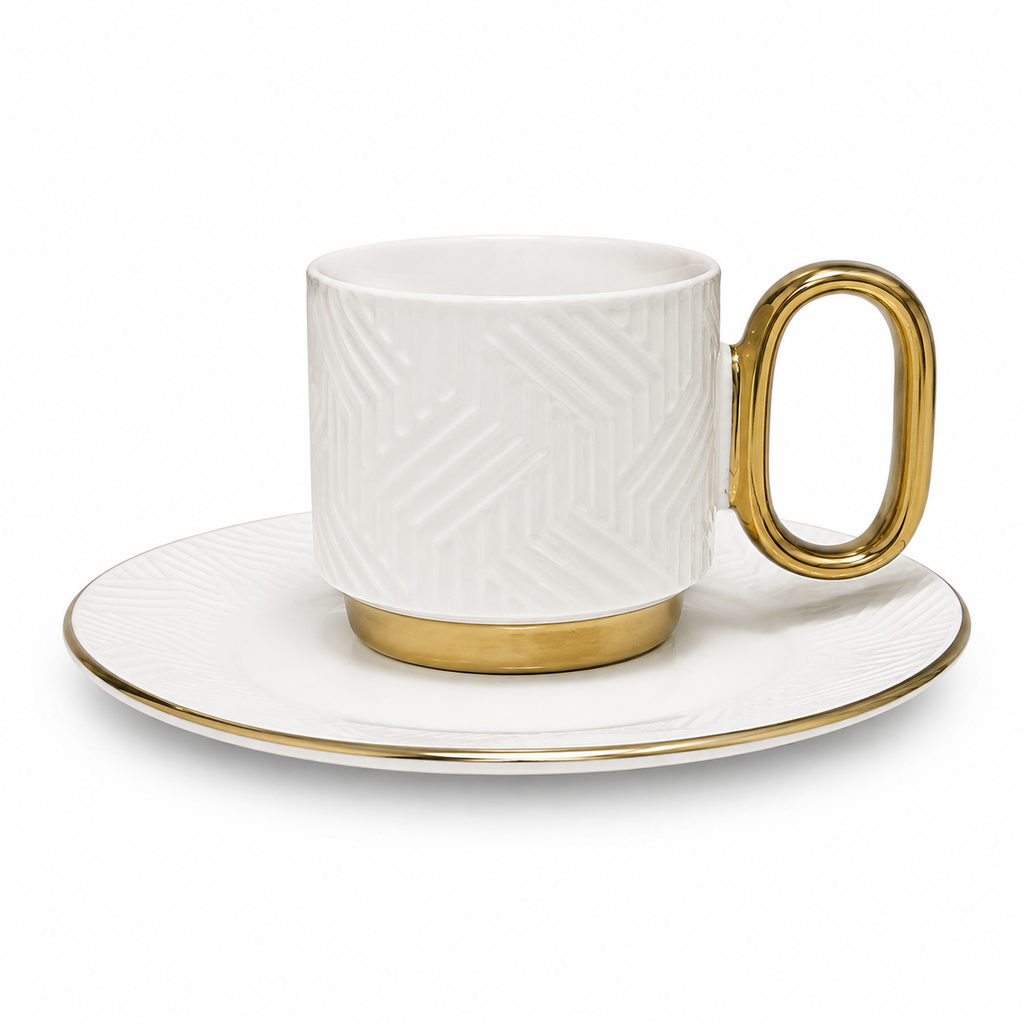 Set de 6 tazas y platos lineas abstractas cerámica, 12pzs 200ML 