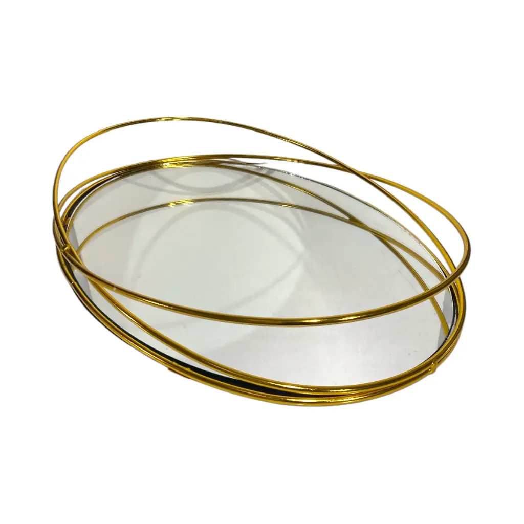 BANDEJA DE HIERRO DORADA CON BASE DE VIDRIO 38X26CM
