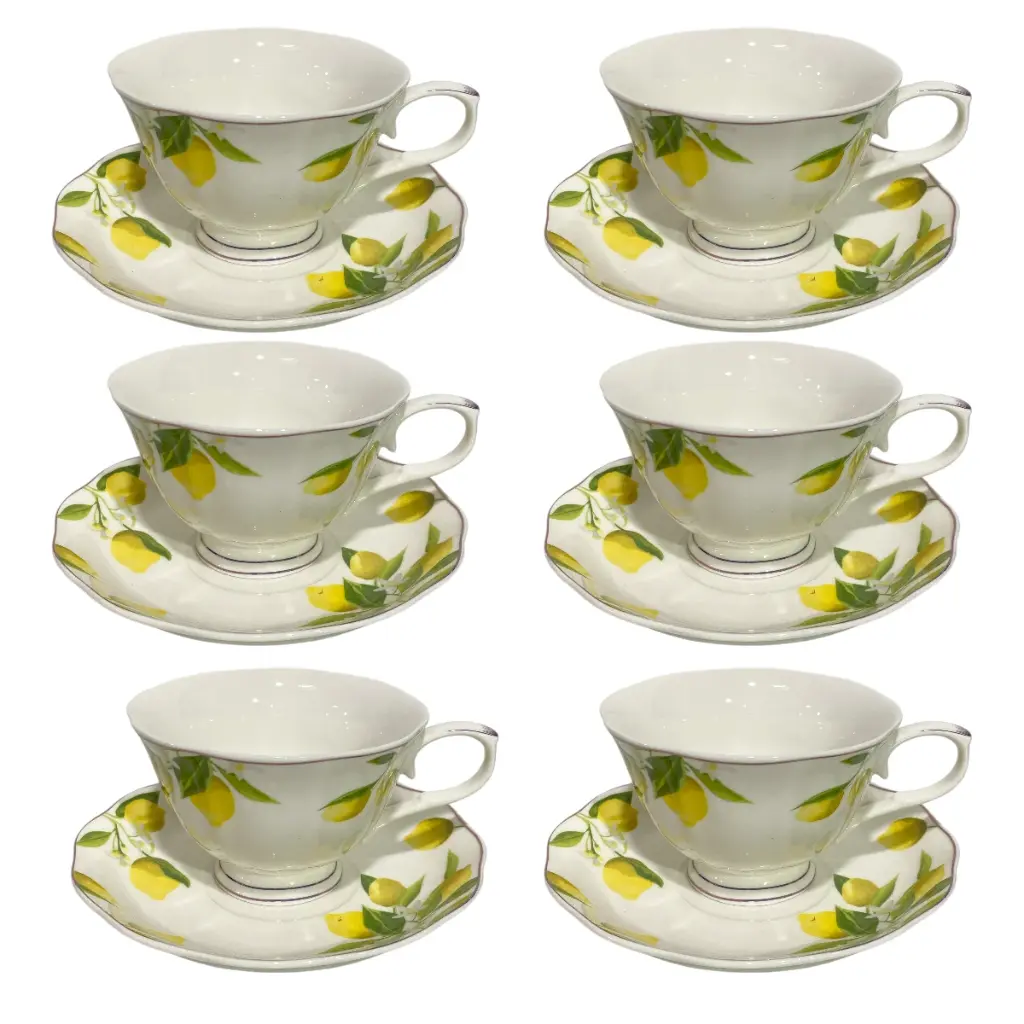 TAZA C/PLATO LIMON FILO DORADO CERAMICA SETX12PCS. 220ML