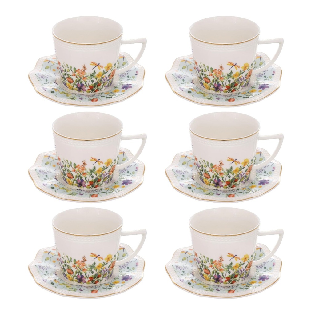 JUEGO DE 6 TAZAS CON PLATO FLORAL CERAMICA X12PCS. 200ML