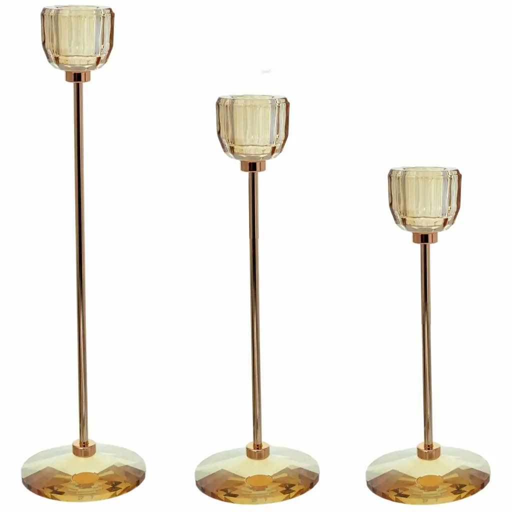 CANDELABRO METAL/VIDRIO DORADO X3PZ. REF:ES29260 8X19CM/24CM/29CM