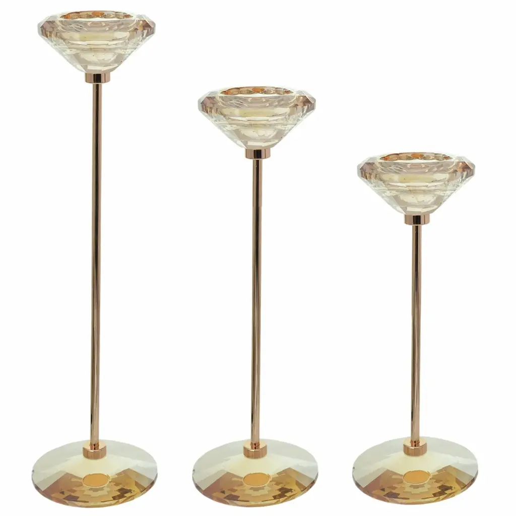 CANDELABRO METAL/CRISTAL AMBAR X3PZ. REF:ES29261 8X28CM/23CM/18CM 