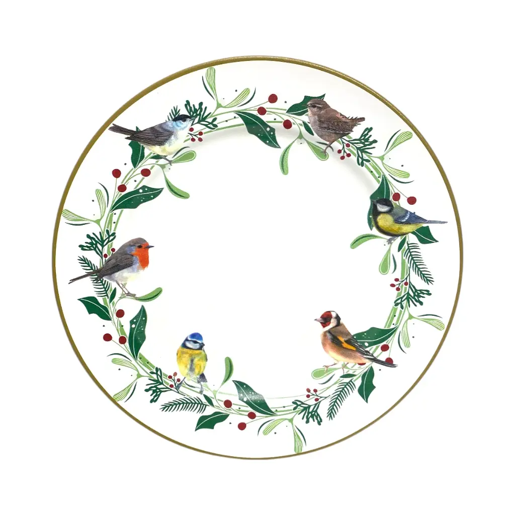 Plato base navideño, estilo moderno. 33cm, cardenales y hojas.