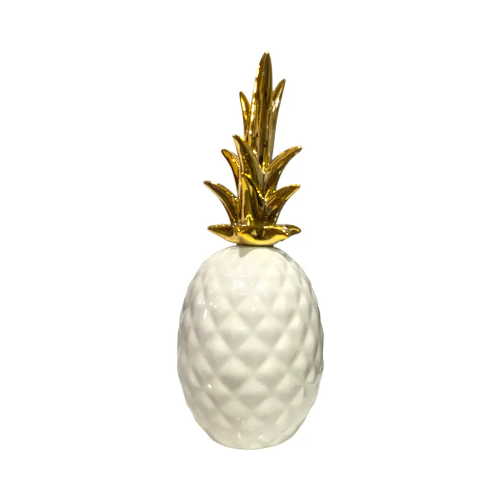Piña Decorativa de Cerámica Blanca/Dorada, Estilo Nórdico Moderno, Centro de Mesa, 12x30Cm.
