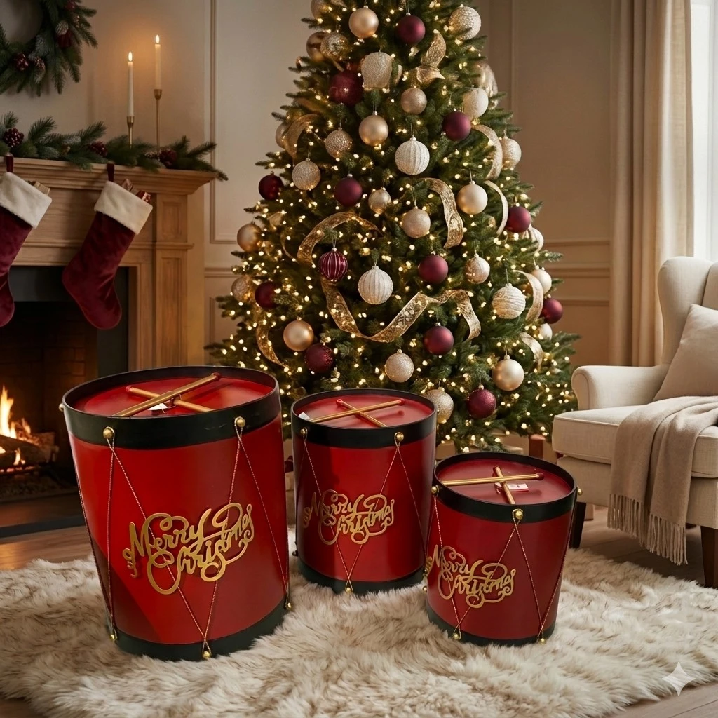 Tambor Metálico Navideño Setx3pcs. Rojo vino 39x47cm, 32x38cm, 27x30cm
