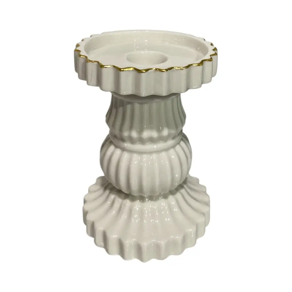 Candelabro de Ceramica Blanco filos dorado, 9x13cm