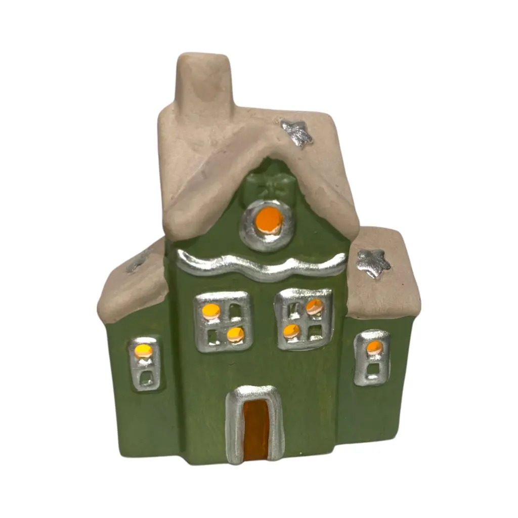 Casa Navideña verde de ceramica con luz led, 13x7.5x16cm