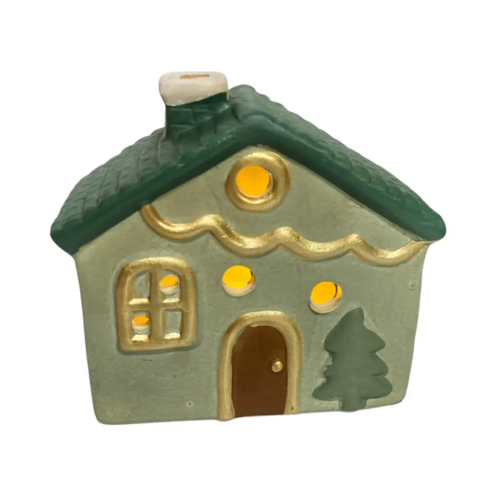 Casa Navideña verde de cerámica con luz led, 14x7x13cm