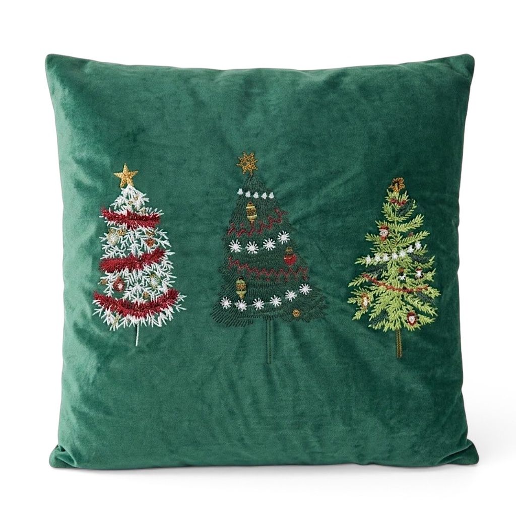 Cojín navideño verde, árboles bordados. 45x45cm