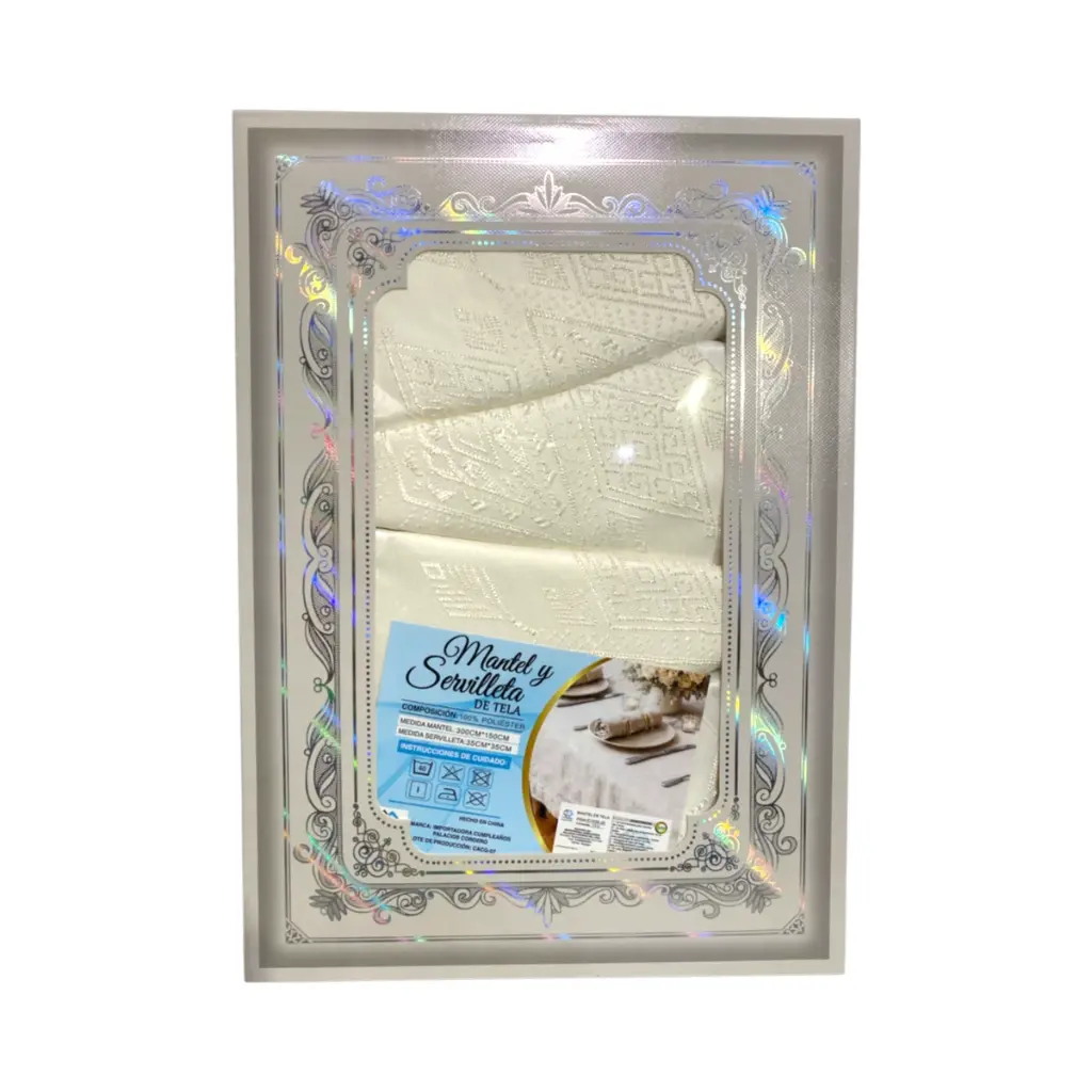 Mantel de Tela Crema Rombos con 12 Servilletas. 300cmx150cm y servilleta 35x35cm