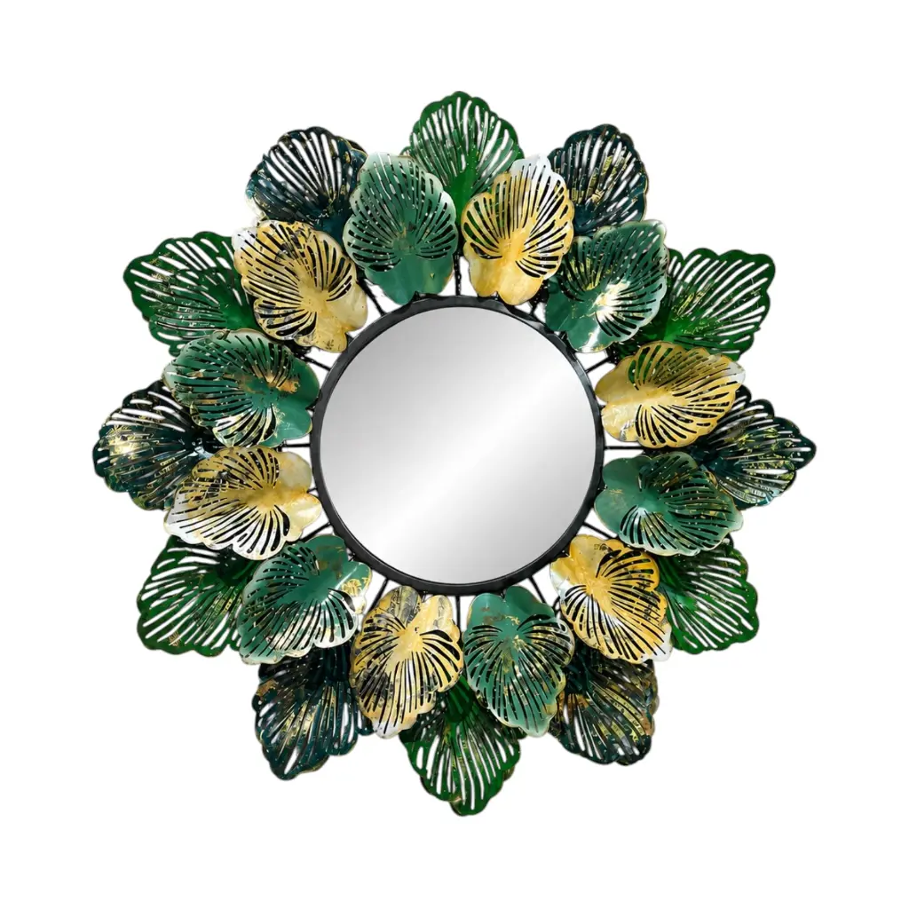 Espejo Metálico Hojas verde con dorado, Ø100 cm
