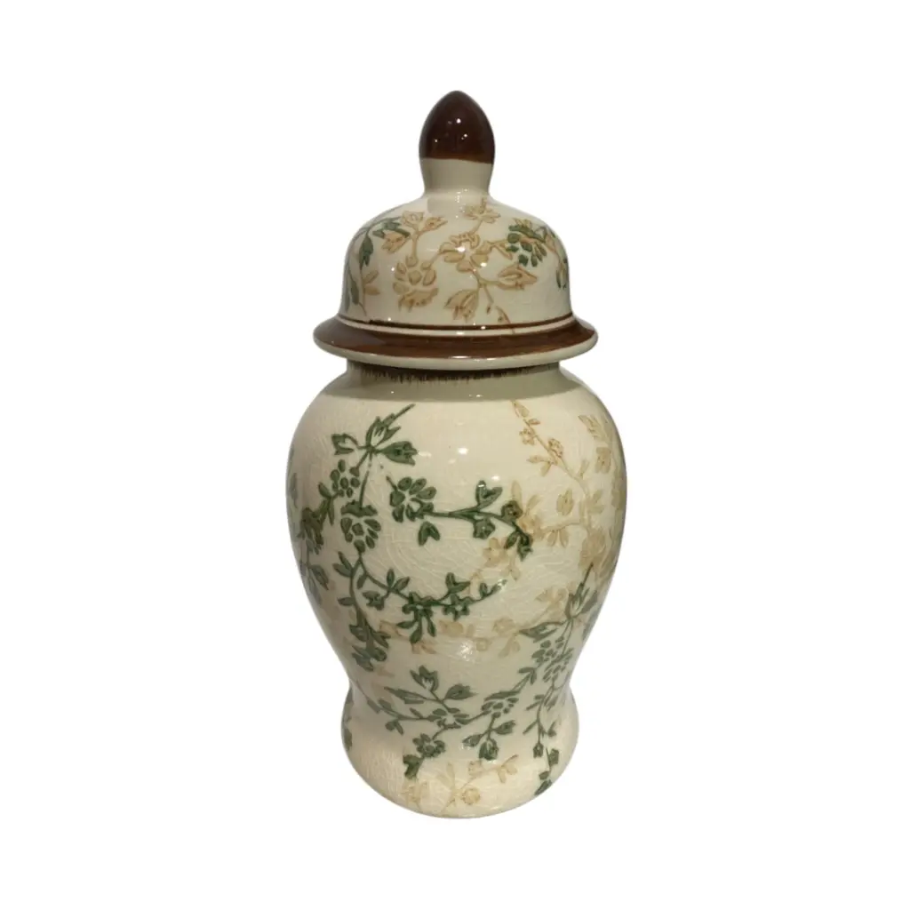 Jarrón Tibor de Cerámica Beige/Verde Musgo. Ø12cm x 25cm