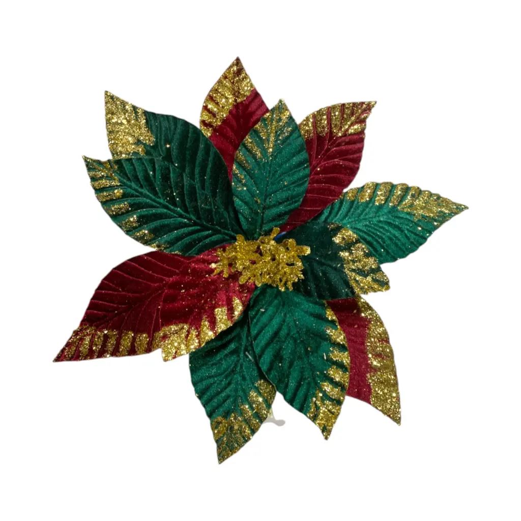 Flor navideña verde con rojo de terciopelo. Ref:ES29984 (Ø30cm/L30cm)