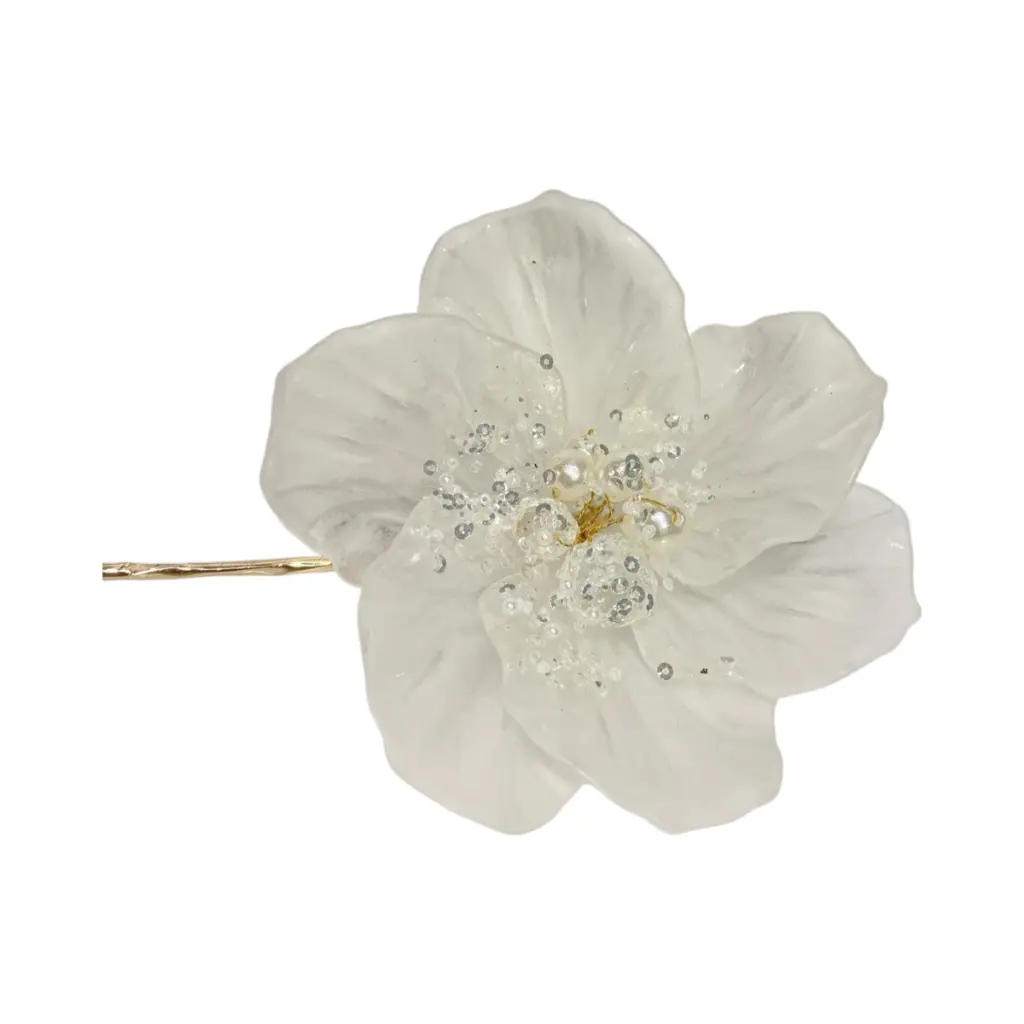 Flor navideña magnolia blanca premium, acrílico y piedras. Ref:ES29409