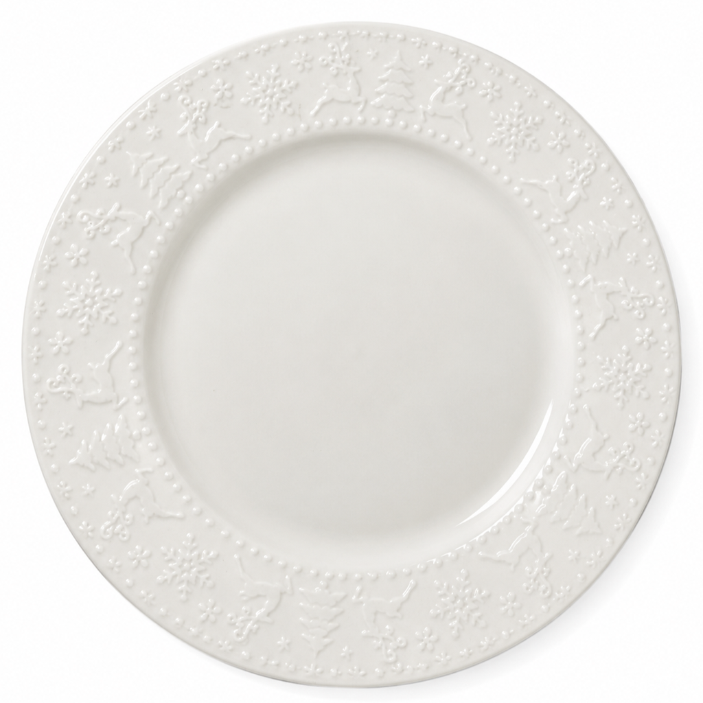 Plato de Cerámica blanco renos/arboles, Ref:IC1365-63. (Ø26cm x 2cm)