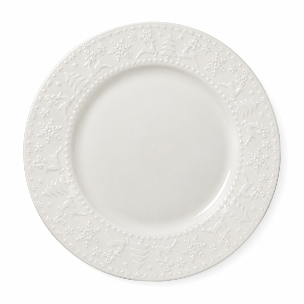 Plato de Cerámica blanco renos/arboles, Ref:IC1365-62. (Ø20cm x 2cm) 