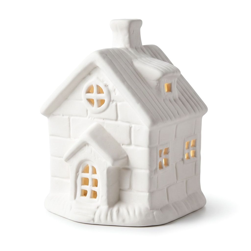 Casa navideña blanca de cerámica con luz led, 8.5x8.9x12cm. Ref: TG3602