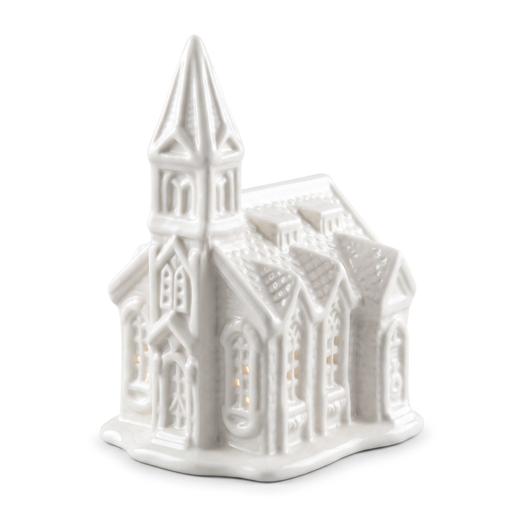 Iglesia navideña blanca de cerámica con luz led, 10x9.8x14.2cm. Ref:LP005
