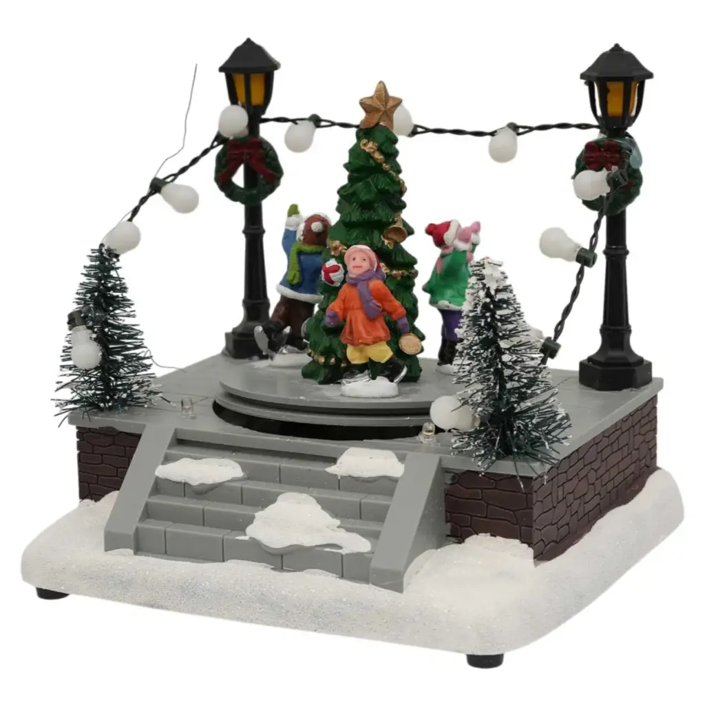 Escena Navideña pista de patinaje con arbol. Luz led y musical. USB. Ref:ES29008 (14x13x12cm)