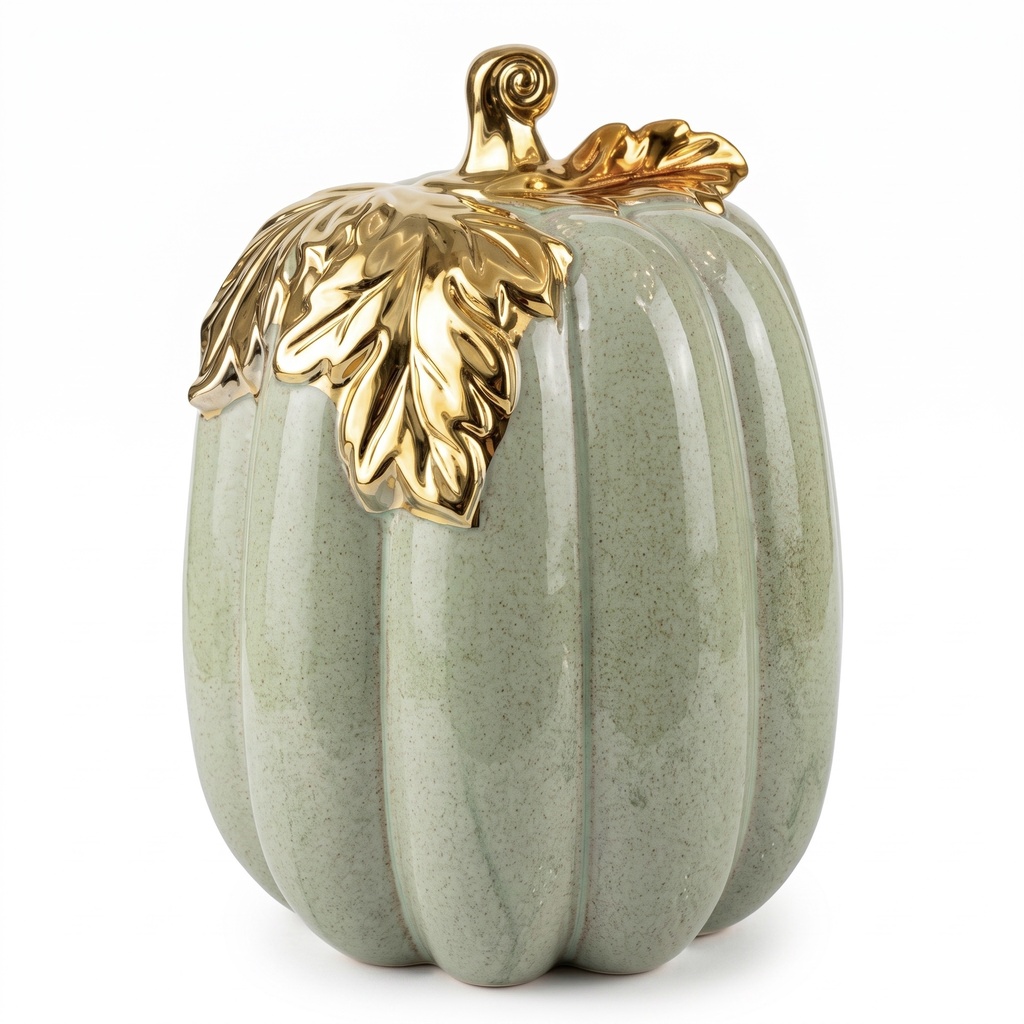 Calabaza de cerámica, tono verde grisáceo con hojas doradas. 19x26cm