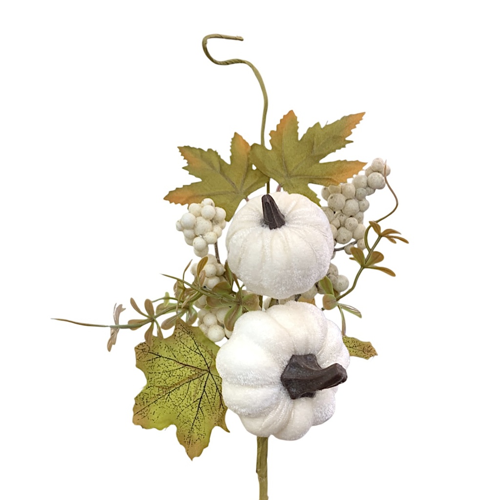 Rama otoñal con calabazas blancas, hojas de arce y bayas blancas 35cm