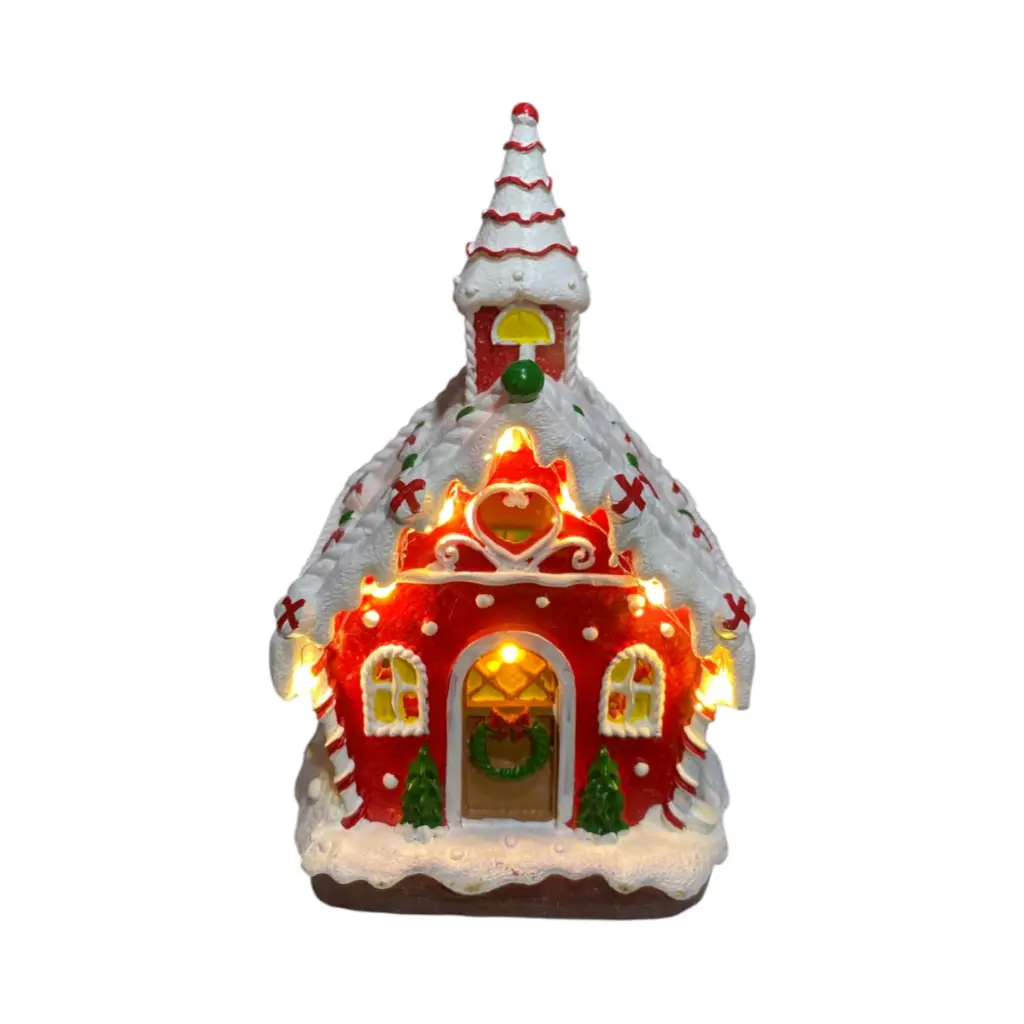 Casa Navideña Candy poliresina, con luz led y musica. USB. Ref:ES29010 (11x10x18.2cm) 