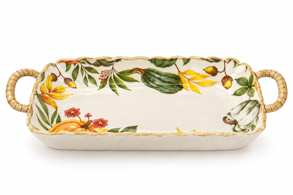 Fuente de cerámica rectangular 17.5x32x5cm, colección Cosecha thanksgiving