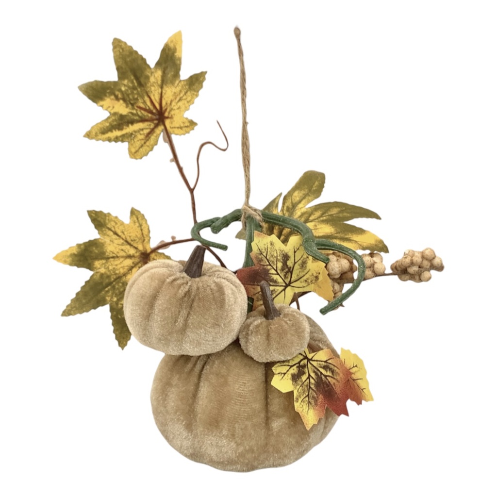 Rama otoñal colgante de calabazas, hojas de arce y bayas beige. 22cm