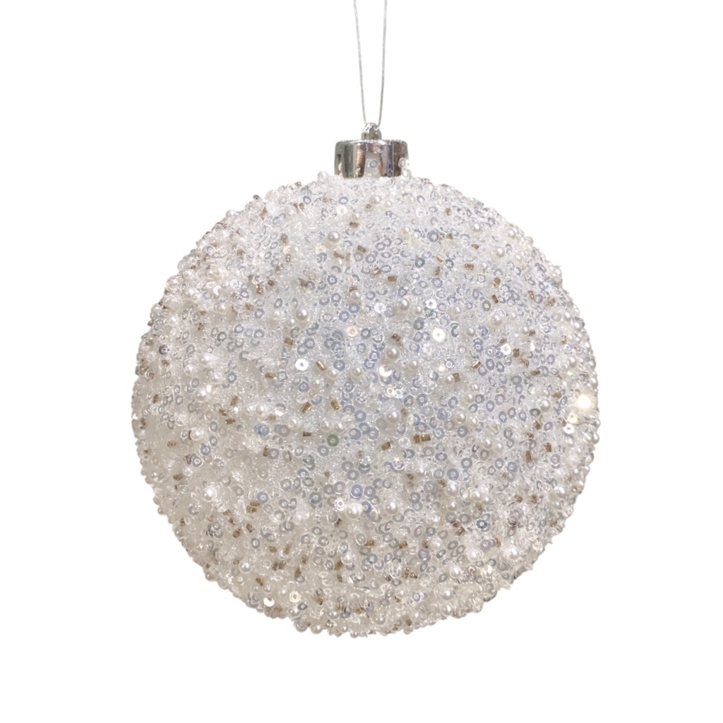 Esfera Navideña Blanca con perlas y lentejuelas, Ø15cm. Ref:ES26685