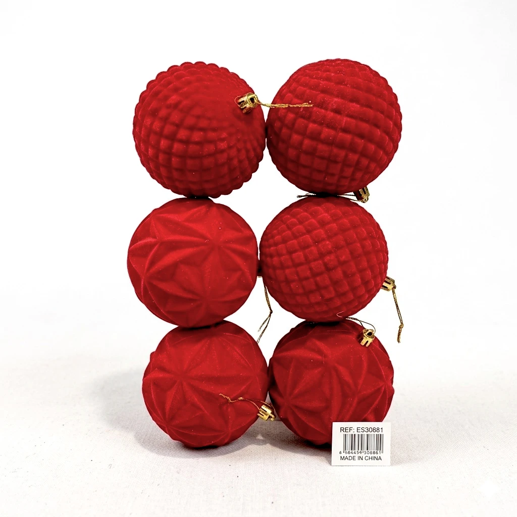 Esfera navideña roja terciopelo, Ø10cm, set x6pzs. Ref:ES30881