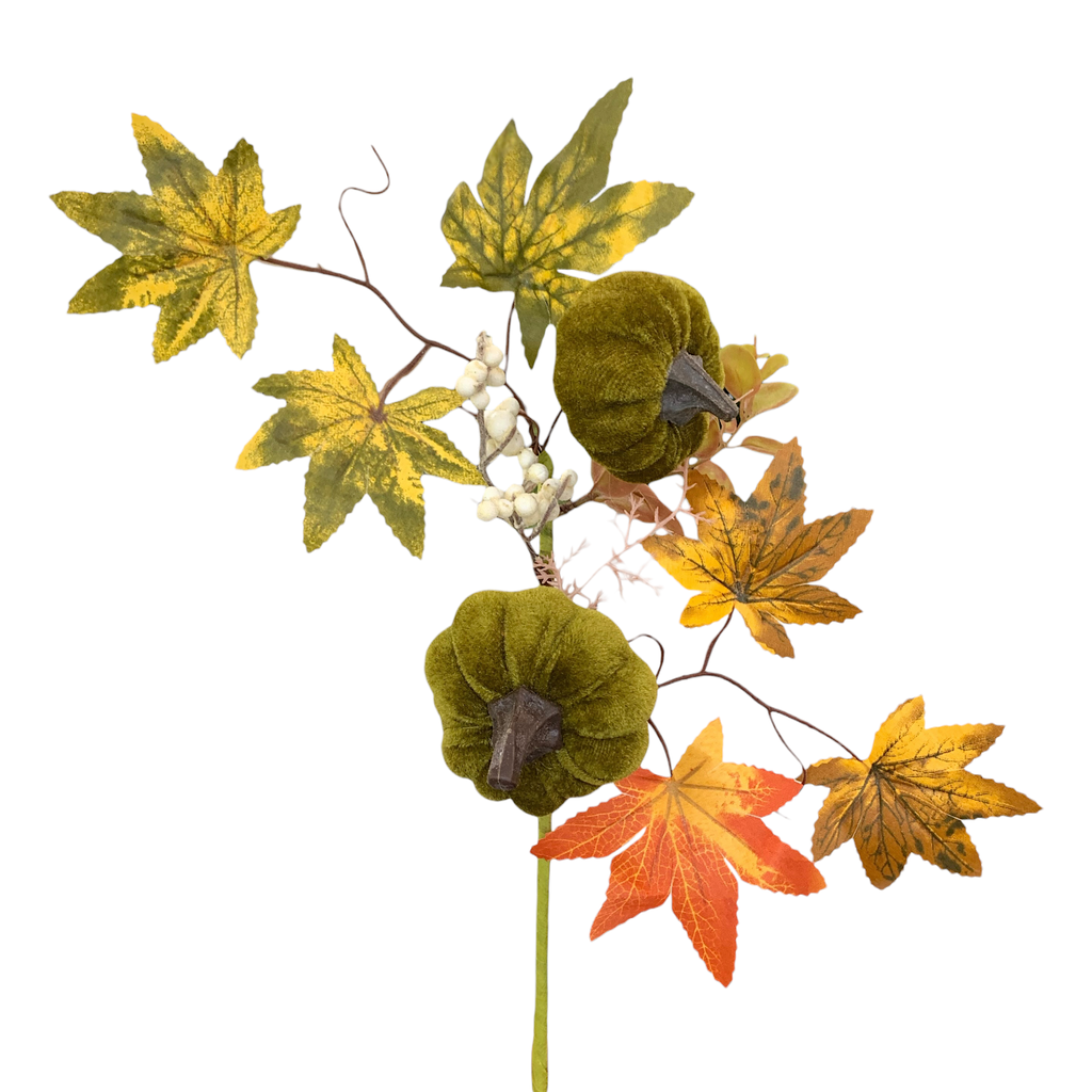 Rama otoñal con calabazas verdes, hojas de arce y bayas blancas, 42cm.