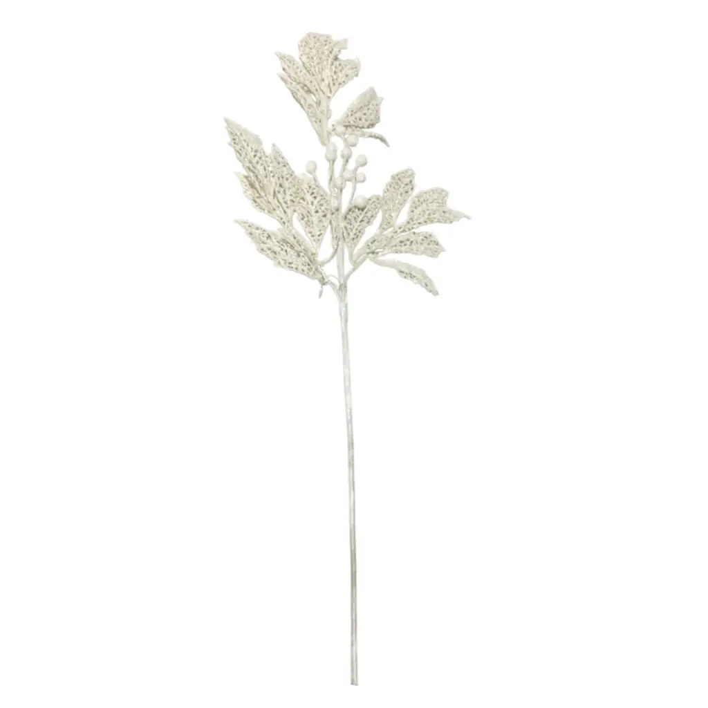 Rama Navideña hojas y berries blancas, 78 cm