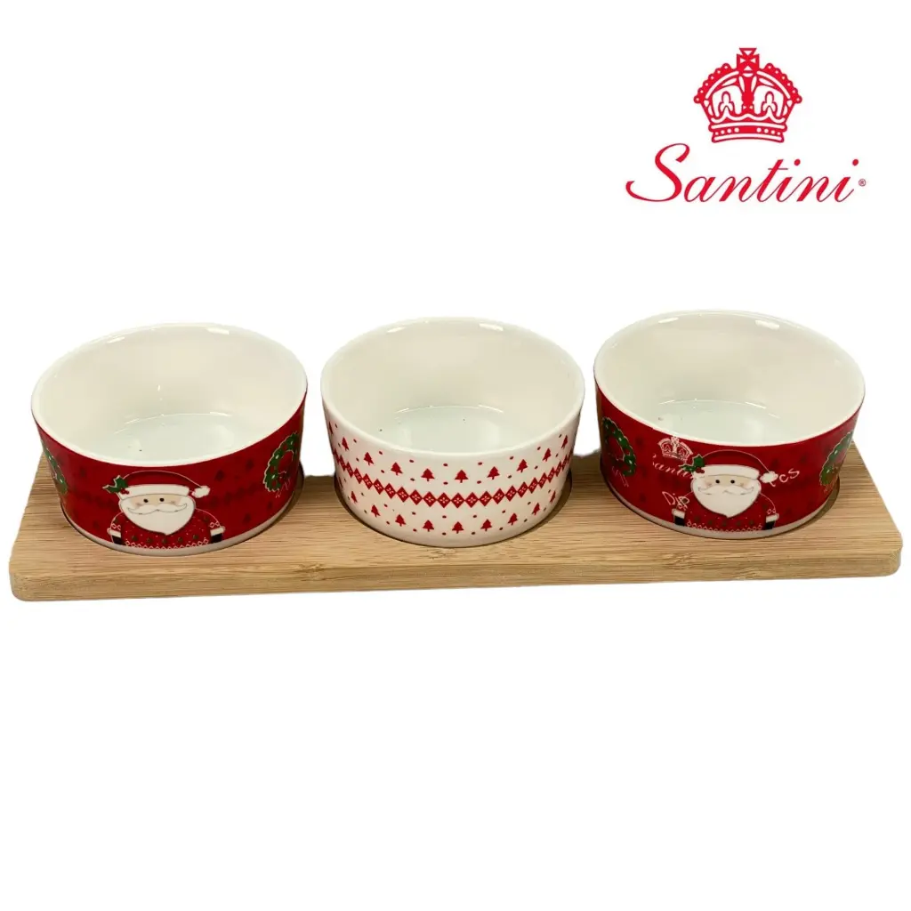 Porta salsas navideño cerámica con base de madera bamboo, Ref:180-2000051, 29x9.5x5cm