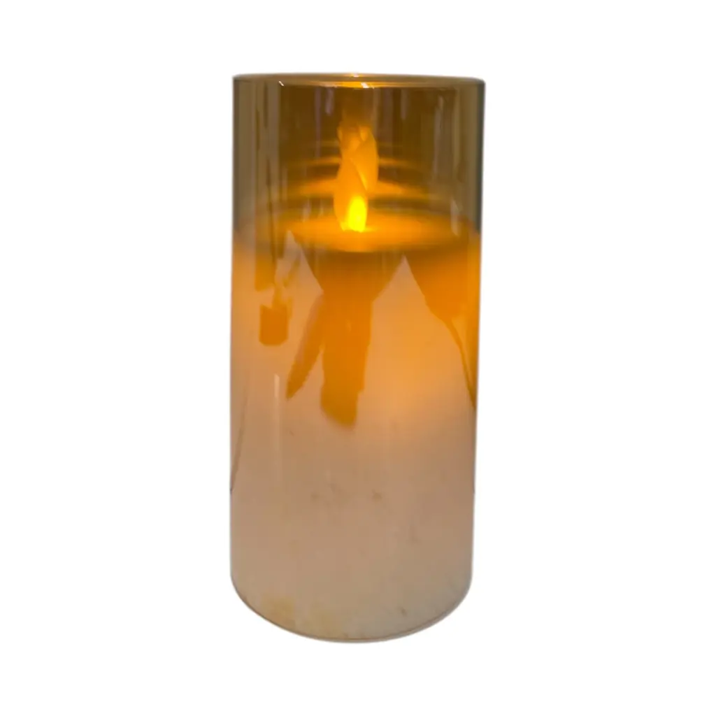 Vela candelabro de vidrio ambar, led, 3 pilas "AAA". Ø7.5cm x 15cm