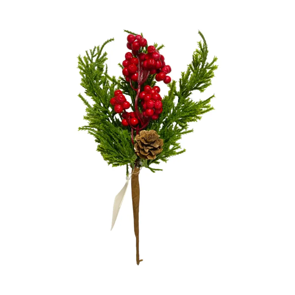 Pincho navideño pino con bayas rojas y piña. 24cm