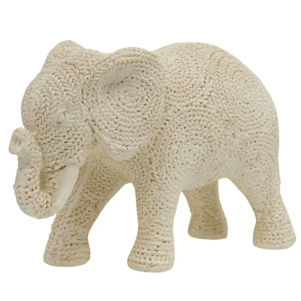 Elefante blanco textura tejido, poliresina. Ref:ES31847. 17x7x11cm