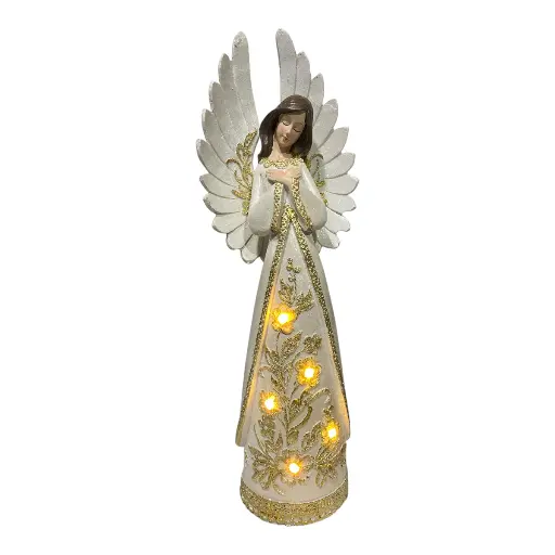 [7453121096019] ANGEL POLIRESINA BLANCO/DORADO C/LUZ LED 37CM