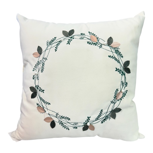 [409064] COJIN CORONA DE HOJAS VERDES/NUDE CON PERLAS 45X45CM