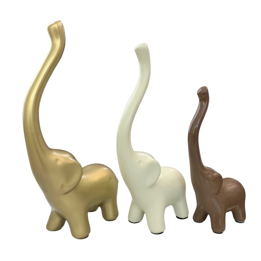 [15569] SET DE 3 ELEFANTES MINIMALISTAS DOR/BLA/CAF PORCELANA 21X13CM, 26.5X14.5CM, 29X16CM