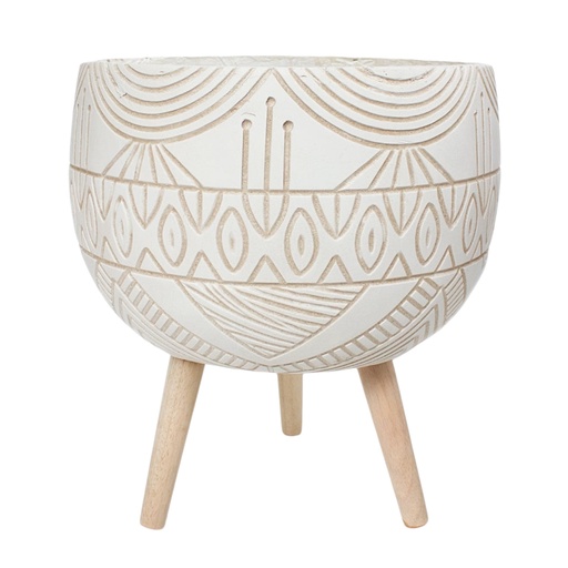 [8679813519034] MACETA BEIGE OVALO BASE MADERA 37X43CM