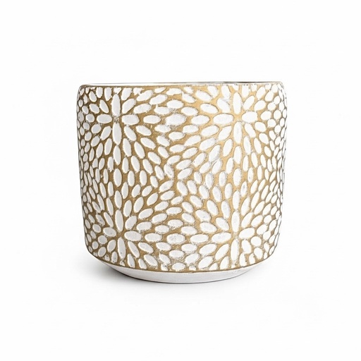 [8679813517887] MACETA DORADA HOJAS BLANCAS PEQUEÑA CERAMICA 10X10CM