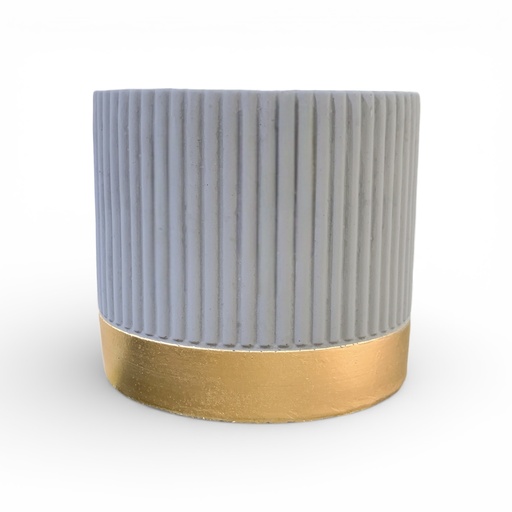 [8679813202257] MACETA BASE DORADA LINEAS GRIS MEDIANA 12.5X11CM